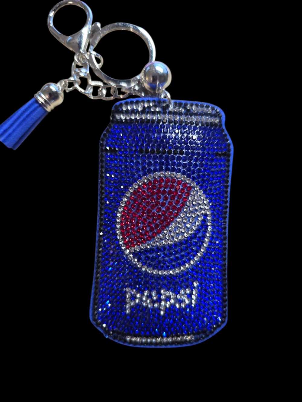 Pepsi Blue and Red Rhinestone Can Bag Charm Keychain with Tassel